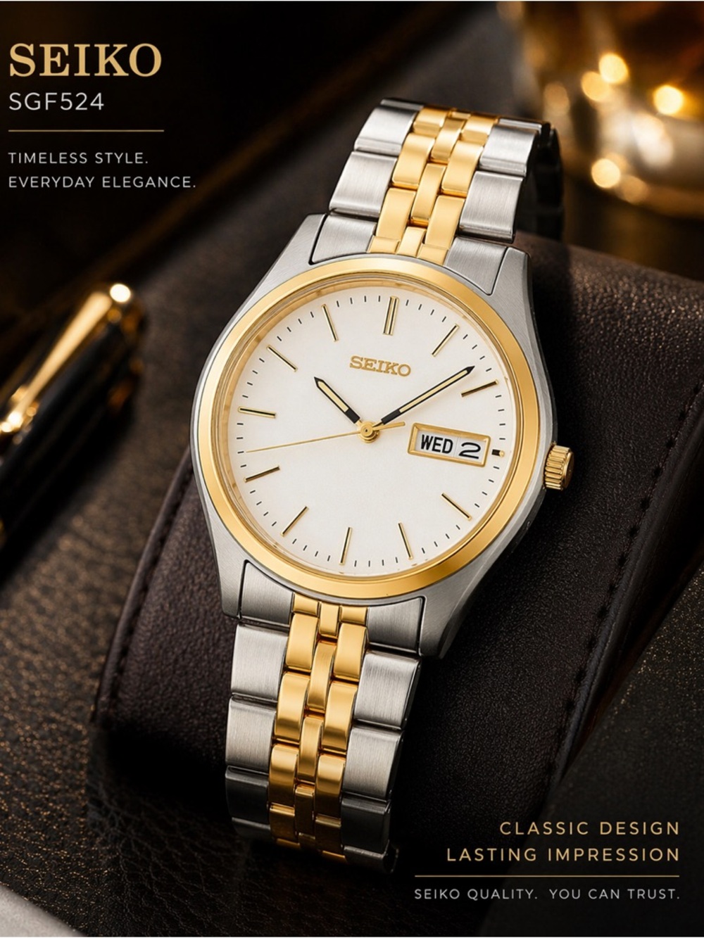 Seiko SGF524 Two Tone Day Date White Dial Men’s Dress Watch 38mm